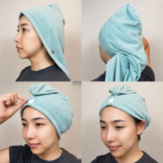 【ヘアタオルの巻き方】 髪全体をすっぽり包み込み、後ろでクルッと巻いて先端のゴムをボタンに留めるだけ。激しく動いてもズレ落ちない、忙しいママにも嬉しいホールド力です!