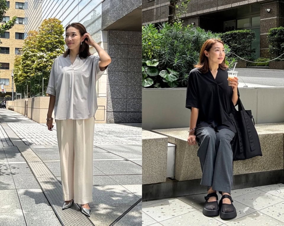 知的なVネックブラウスは、夏のオフィスシーンに欠かせない「きちんと感」と「涼しさ」を両立。サラリとした肌触りで1日中快適に過ごせ、忙しい朝のきれいめコーデをスマートに解決してくれる救世主的な1着です。