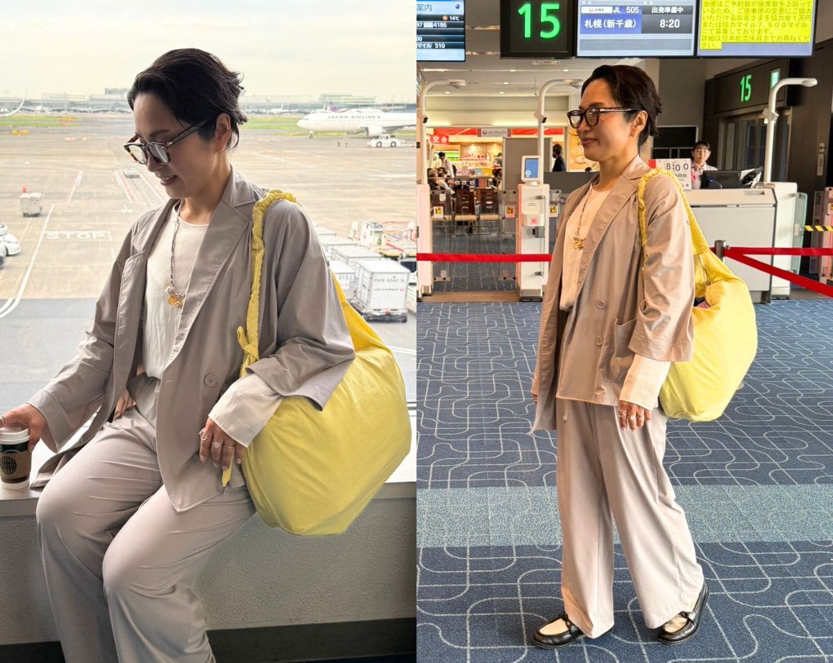 長時間の移動でもシワを気にせず快適。40代の夏出張・旅行コーデをスマートに見せるセットアップスタイル。とにかく軽くて涼しげなベージュカラーは、大人のきれいめオフィスカジュアルとしても大活躍します。