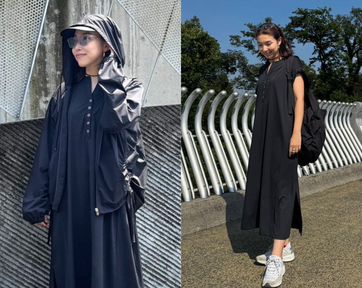 都会的でモードな着こなしでありながら、全身が接触冷感素材に包まれているため酷暑でもひんやり涼しい快適さをキープできます。お洒落を妥協しない、夏のワンマイルシーンや週末の旅行に理想的な日差し対策レイヤードです。
