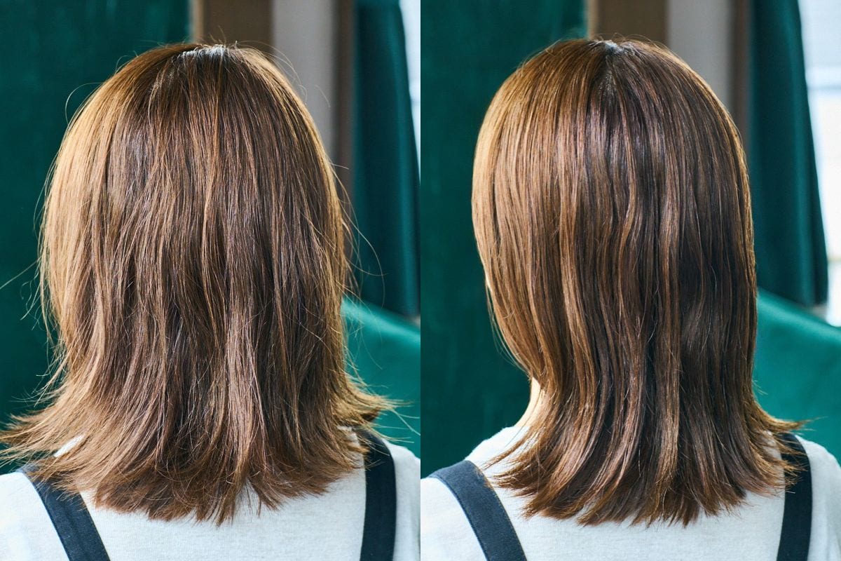 ラサーナのジェルオイルをなじませるだけで、パサつく髪が驚くほどツヤ髪に！ボンドヘア処方でダメージを補修しながら、大人のヘアスタイルを美しくまとめます。（左：Before／右：After）