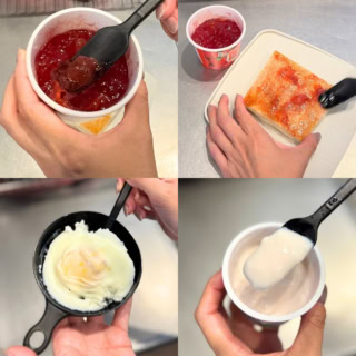 1本4役!フル活用する朝のリアルな流れです。ジャムを容器から『すくう』、食パンにムラなく『塗る』、目玉焼きをツルンと剥がす『ヘラ』として使い、最後は小分けヨーグルトをそのまま食べる『スプーン』へスライド。調理から食事までカトラリーを一切替えない究極のタイパが叶います。