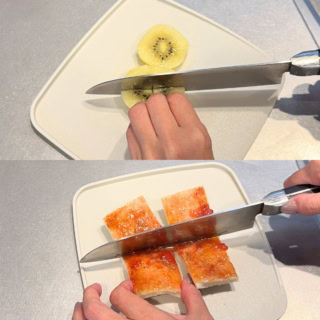 朝食の定番であるフルーツのカットから、トーストをお好みのサイズに切り分けるまで、この上で一完結!フチに適度な立ち上がりがあるので、キウイのみずみずしい果汁やトーストのパンくずがキッチンの天板に散らばらないのも優秀。のままテーブルへサーブできるので、忙しい朝の洗い物を最小限に抑えられます。