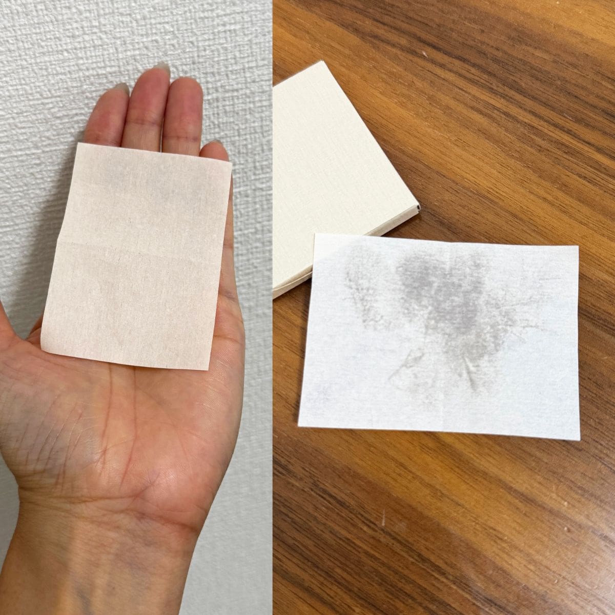 手のひらにすっぽり収まる、圧倒的なコンパクトサイズ！実際にテカリが気になるTゾーンを抑えると皮脂を吸い取った部分が黒く透けて見え、しっかりとオフできたことが一目で分かります。この目に見える効果が、リピーターを増やしている理由です。