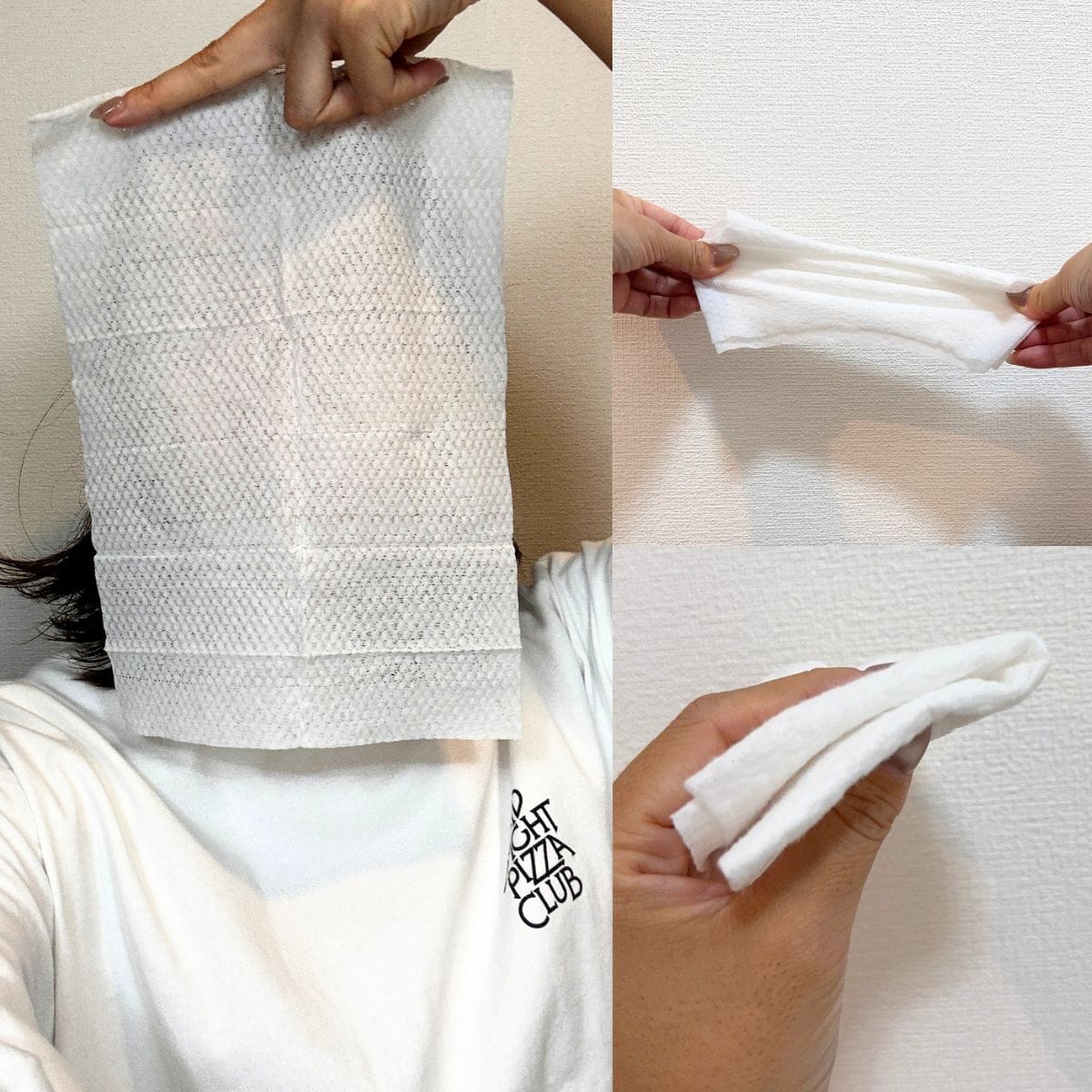 顔がすっぽり隠れるほどの圧倒的な大判サイズに驚き！引っ張っても破れにくいタフで丈夫な極厚シートなので、丸まったりヨレたりするプチストレスがありません。しっかりとした厚みがあるおかげで、1枚で全身のベタつきやニオイをくまなくゴシゴシと拭き取れる抜群のコスパ＆使い勝手です！