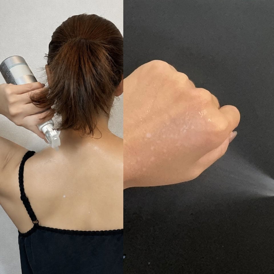 ボトルを逆さに持てるので、手が届きにくい背中全体へもストレスなく「浴びるボディケア」が可能！ミルクのような白い液体が、きめ細かな極上ミストになってみずみずしく広がります。美白と肌あれ予防を叶えるW有効成分の美容液ながら、仕上がりは驚くほどサラサラでベタつきません。