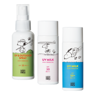人気の無添加ノンケミカルUVシリーズがスヌーピーデザインで登場。左から：SNOOPY UV＆アウトドアスプレー SPF35・PA＋＋＋ 80mL ¥2,200、SNOOPY ノンケミカル UV ミルク SPF30・PA＋＋＋、同 SPF50＋・PA＋＋＋＋ 各50mL 各¥2,420（全てママベビー）