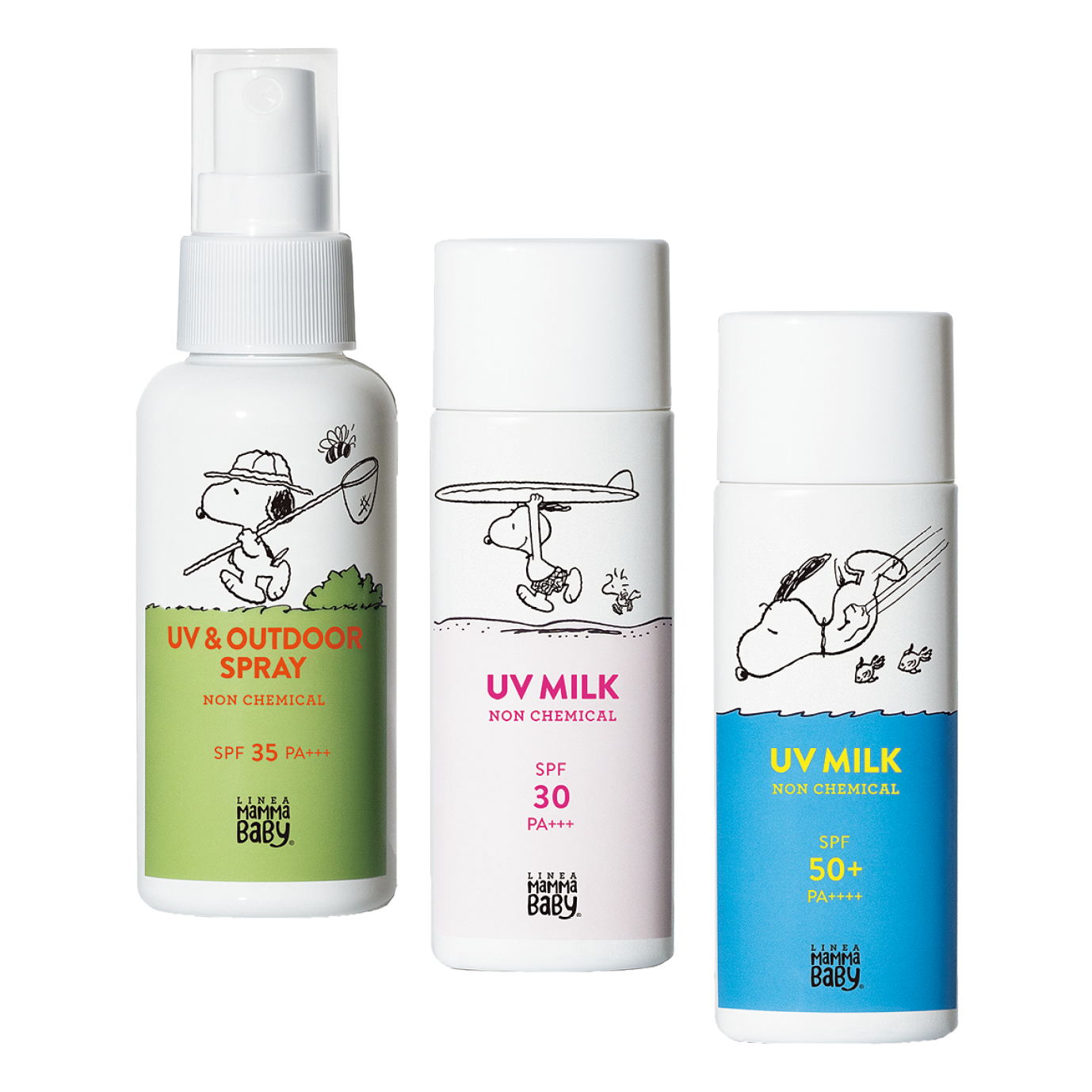 人気の無添加ノンケミカルUVシリーズがスヌーピーデザインで登場。左から：SNOOPY UV＆アウトドアスプレー SPF35・PA＋＋＋ 80mL ¥2,200、SNOOPY ノンケミカル UV ミルク SPF30・PA＋＋＋、同 SPF50＋・PA＋＋＋＋ 各50mL 各¥2,420（全てママベビー）