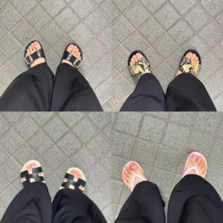 黒パンツで検証。 夏の足元5パターン。 どれも正解だけど、ビーサンにしか出せない抜け感ってやっぱりありますよね。 「おしゃれ、頑張ってないですよ！」的な。