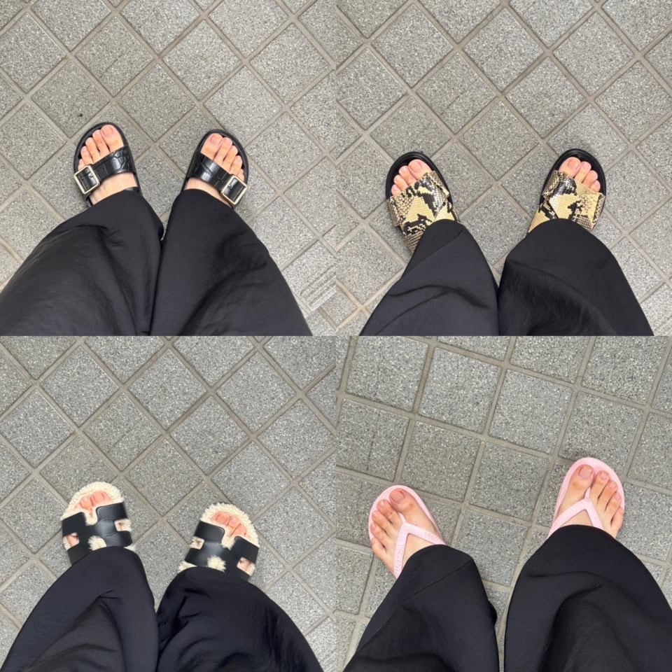 黒パンツで検証。 夏の足元5パターン。 どれも正解だけど、ビーサンにしか出せない抜け感ってやっぱりありますよね。 「おしゃれ、頑張ってないですよ！」的な。