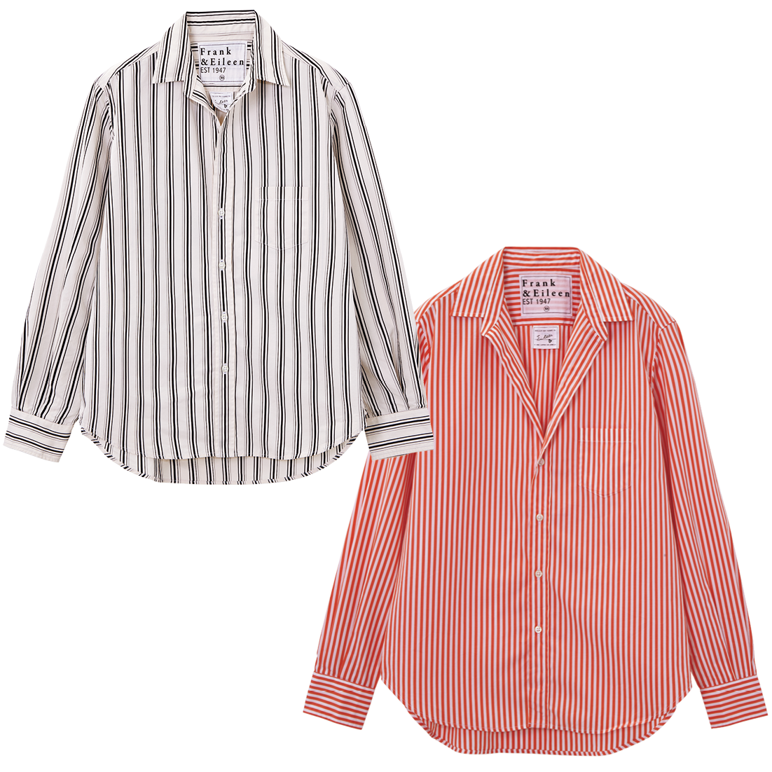 左：ホワイトストライプシャツ¥45,100、右：オレンジストライプシャツ¥45,100（共にフランク&アイリーン／リトルリーグ インク）