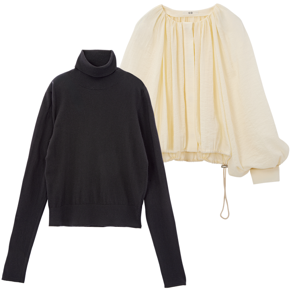 左：タートルネックニット¥80,300、右：ホワイトブラウス¥125,000（共にコー／イーストランド）
