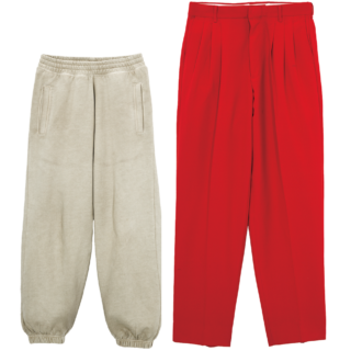 左：ウォッシュ加工とほんのりイエロートーンの色みが可愛い。カーハートのスエットパンツは本人私物、右：シンプルなTシャツやスエットとよく合わせる1本。ヴィンテージのスラックスは本人私物