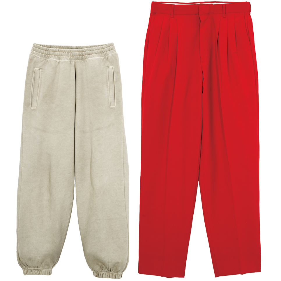 左：ウォッシュ加工とほんのりイエロートーンの色みが可愛い。カーハートのスエットパンツは本人私物、右：シンプルなTシャツやスエットとよく合わせる1本。ヴィンテージのスラックスは本人私物
