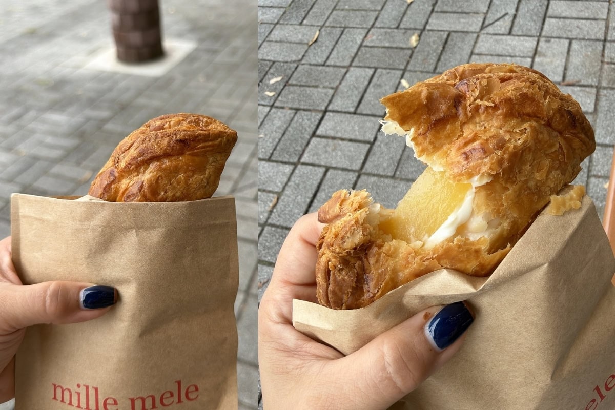 鎌倉 mille mele(ミレメーレ)世界一美味しいアップルパイ ¥500 実はこれが大本命!サクサクのパイ生地の中に包まれているのは、甘すぎず、驚くほどなめらかな「豆乳カスタード」。重たさが一切なく、りんごの自然な酸味と甘みを引き立てる絶妙なバランスは、一度食べたら虜になること間違いなしです。