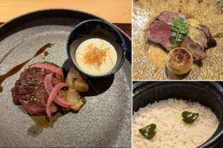 旨味を凝縮させた「2週間熟成肉」を用いた贅沢なメインディッシュ。土鍋で炊かれた、北海道が誇るブランド米「ゆめぴりか」。ちょこんとあしらわれたハート型の昆布が目にも楽しい愛らしさを添えてくれます。