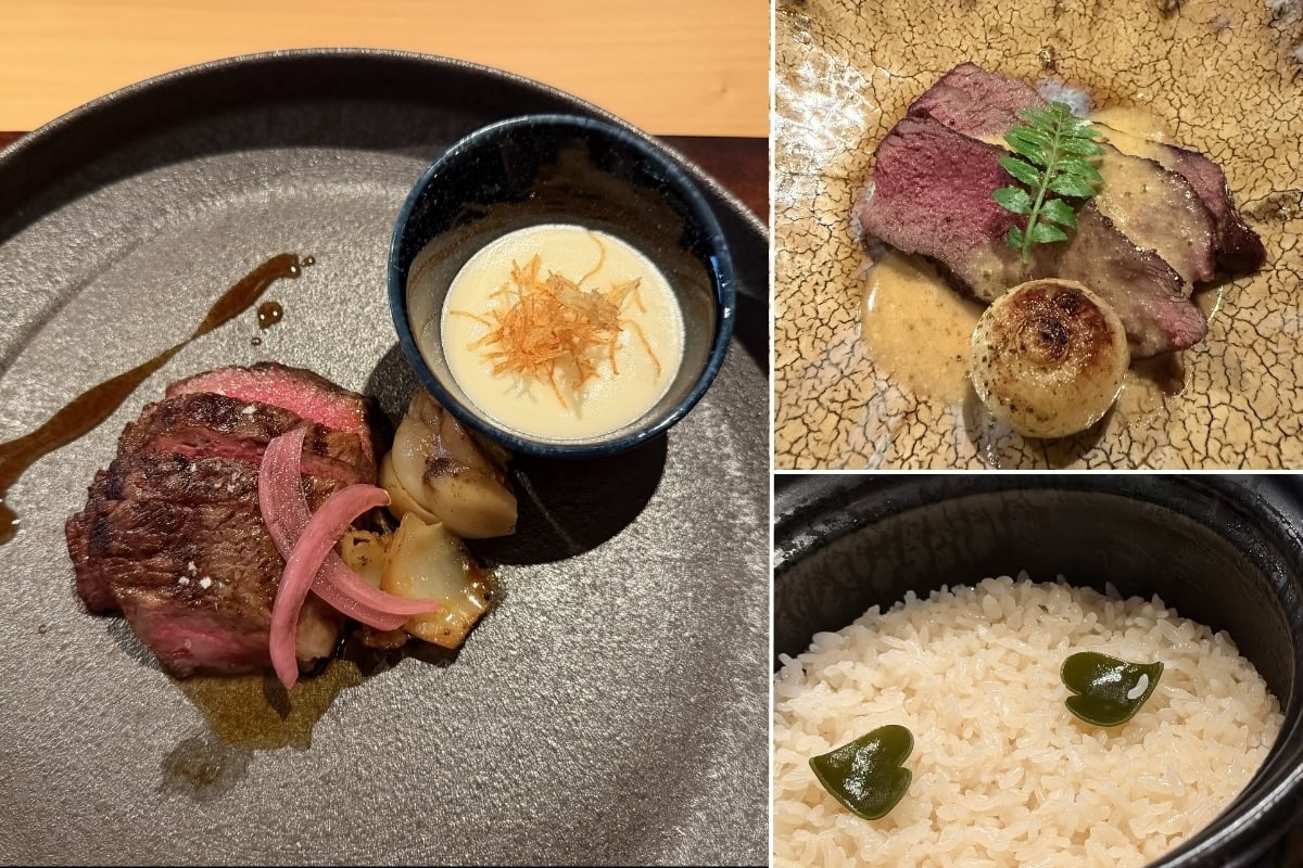 旨味を凝縮させた「2週間熟成肉」を用いた贅沢なメインディッシュ。土鍋で炊かれた、北海道が誇るブランド米「ゆめぴりか」。ちょこんとあしらわれたハート型の昆布が目にも楽しい愛らしさを添えてくれます。