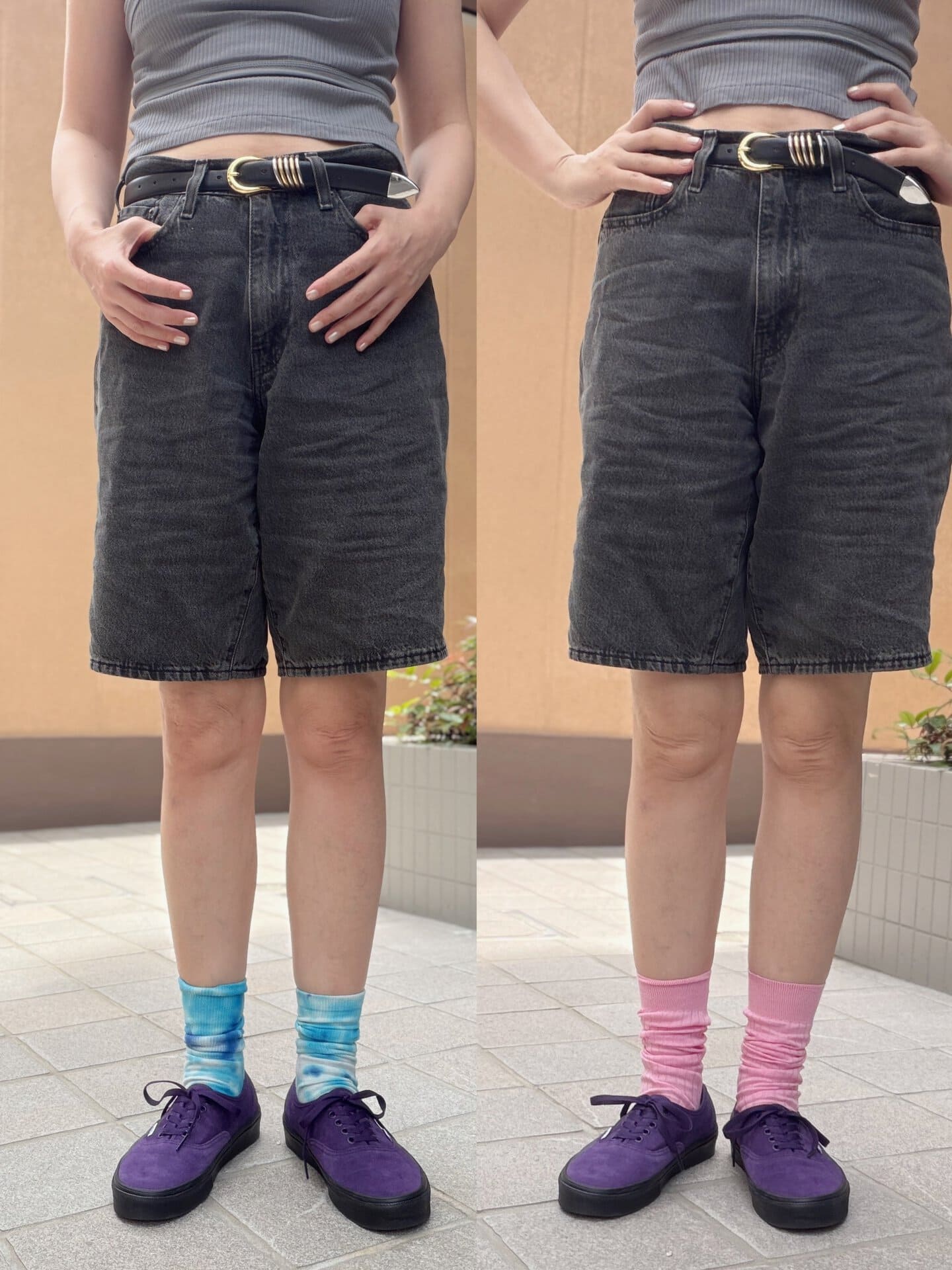 ハーフパンツだと、遊びのある足元も映えますよね！