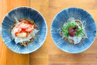 右:梅肉と青じそを刻んでさっぱりと。これからの季節はこういうのが欲しくなる!左:キムチとごま油なら立派な晩酌のお供に。