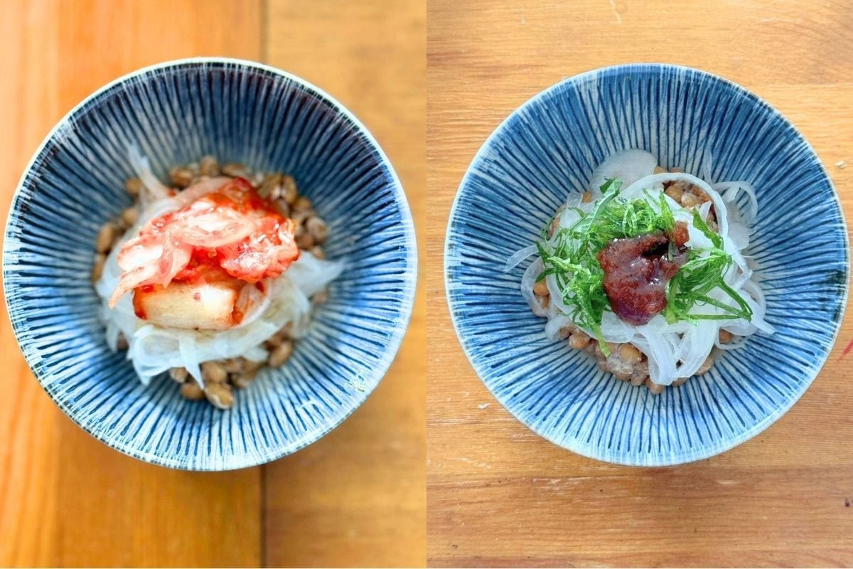 右:梅肉と青じそを刻んでさっぱりと。これからの季節はこういうのが欲しくなる!左:キムチとごま油なら立派な晩酌のお供に。