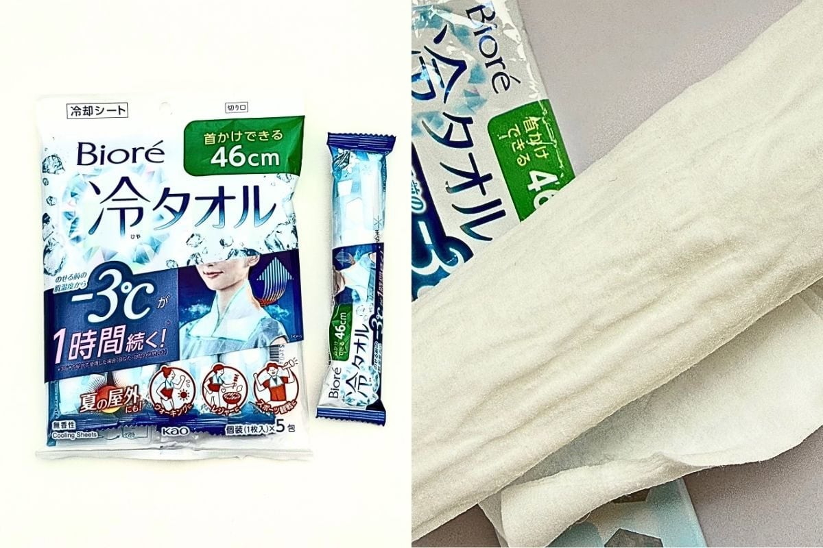 のせるだけで肌温度がマイナス3℃に感じるシート(※のせている間の効果)。46cmの超大判ロングサイズで、首に巻いて使うこともできるシートの枠を超えた進化系アイテム。もはやタオルです!ビオレ 冷タオル(無香料)5包入¥577(花王)※編集部調べ