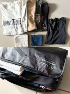 中身を入れるとこんな感じ。1週間の旅行のための中身は①Tシャツ5枚②ハンドタオル2枚③なぜかタンクトップ1枚