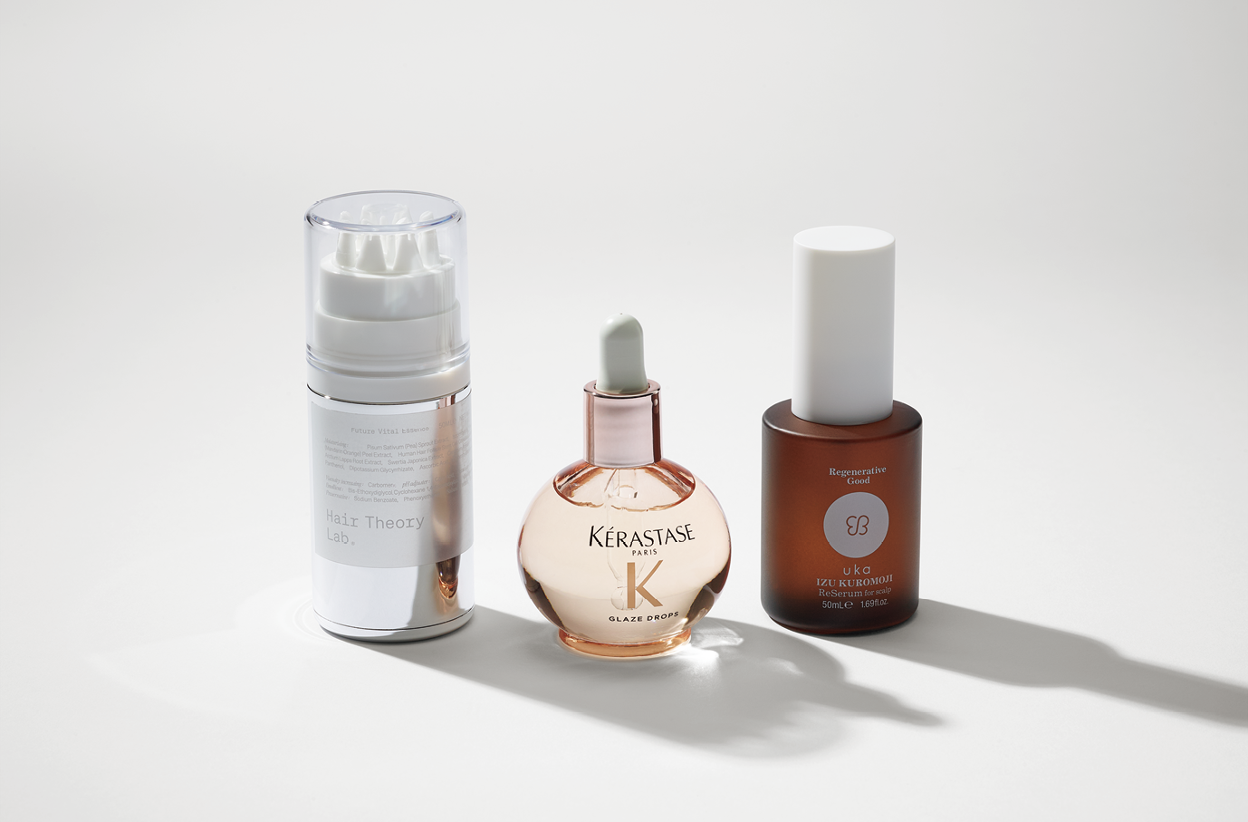 右からuka ウカ イズ クロモジ リセラム フォー スカルプ、KÉRASTASE グレイズドロップス、Hair Theory Lab® フューチャーバイタル エッセンス
