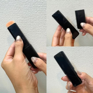 キャップを取ると連動してブラシ部分がすっと下がる、毛先を傷つけないスマートな機能美構造。スタイリッシュにまとまり、ポーチの中でも全く幅を取りません。