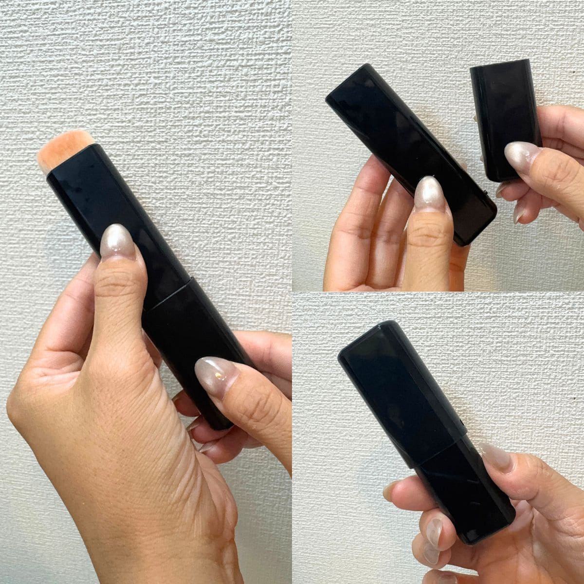 キャップを取ると連動してブラシ部分がすっと下がる、毛先を傷つけないスマートな機能美構造。スタイリッシュにまとまり、ポーチの中でも全く幅を取りません。