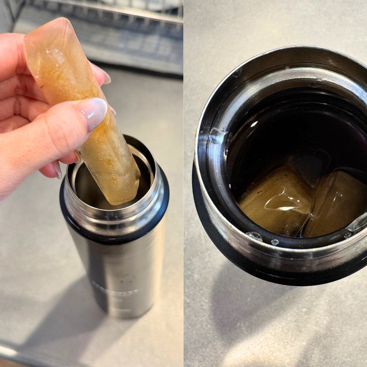 出来上がった細長のスティック氷は、口の狭いステンレス水筒にもストレスなくすっぽり!麦茶を凍らせれば、氷が溶けても飲み物が薄くならず、夏のお出かけ中も冷たくて美味しい麦茶をずっと楽しめます。朝の忙しい時間でも水筒準備が秒速で完了する、神アイデアグッズです!