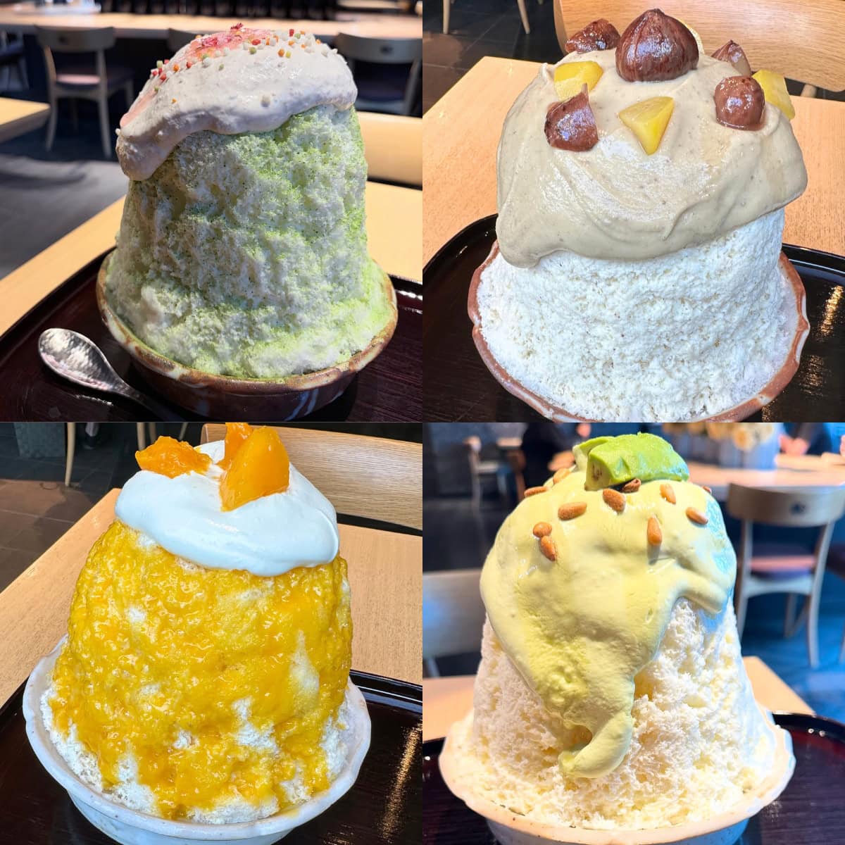 ごらんのように、そそり立つレギュラーサイズ。季節ごとに桜や和栗やアボカドなど、いろいろな味が登場して、それも楽しみです。宮崎マンゴーなどは、¥4,000超えてた記憶。素敵なランチが食べられるプライスです。中に白餡やクラッカーやお餅が隠れていたりして、“氷だけ”の部分がなく、どこまで掘っても美味しいんです。年間を通してのレギュラーメニューは3種類。黒蜜きなこ ¥1,980、森抹茶 ¥2,480、みたらしみるく ¥2,780