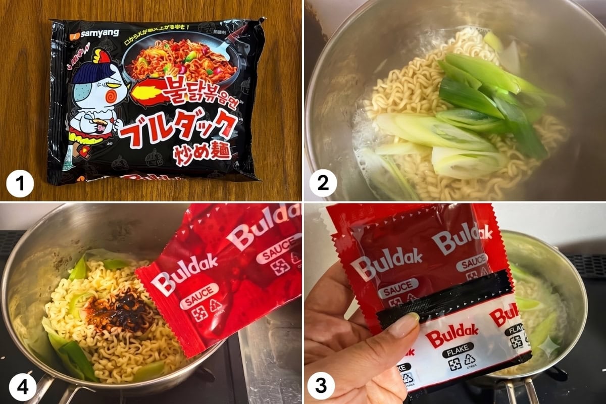 三養（サムヤン）ブルダック炒め麺（オリジナル）。茹で上げた極太麺に、あの真っ赤な「ブルダックソース」を一気に投入。熱気とともに、突き抜けるような辛い香りが広がります。
