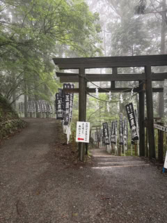 駐車場近くの鳥居から本殿までは、約15分の道のりになります。途中に別れ道がありますが、健康な人は迷わず右を!