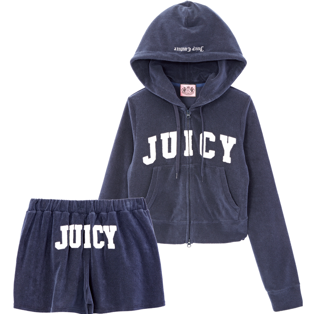 ネイビーショートパンツ¥10,450、ネイビーフーディ¥11,990（Juicy Couture ¦ MOUSSY／バロックジャパンリミテッド）