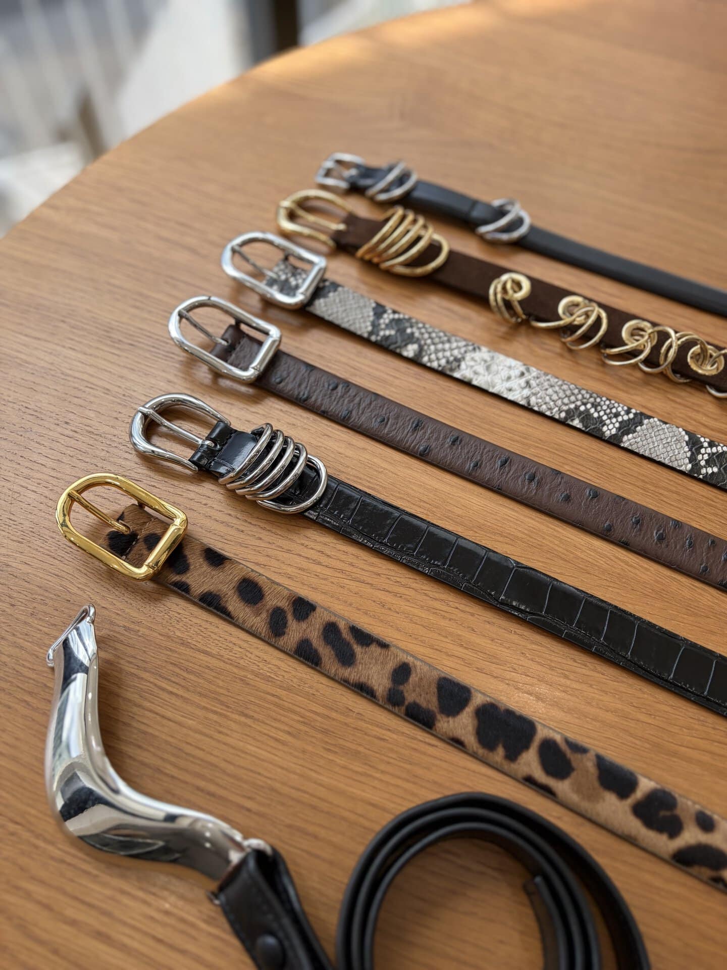 手前から／Brancusi Black Silver￥72,700、Mija Jaguar Calf Hair Gold￥51,700、Hollyhock Black Croco Silver￥56,500、Mija Brown Ostrich Silver￥51,700、スネーク￥00,000、リング付き￥00,000、黒レザー￥00,000（全てデハンシェ）