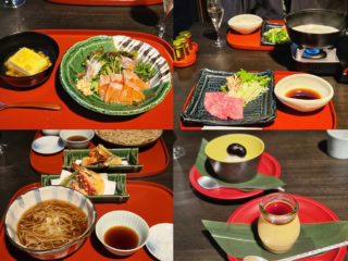 出し巻き卵、サーモンのお造り、肉料理に、天ぷら、蕎麦、甘味まで、満足のボリューム感。肉料理は2種から、甘味は3種から、好みでチョイス可能。