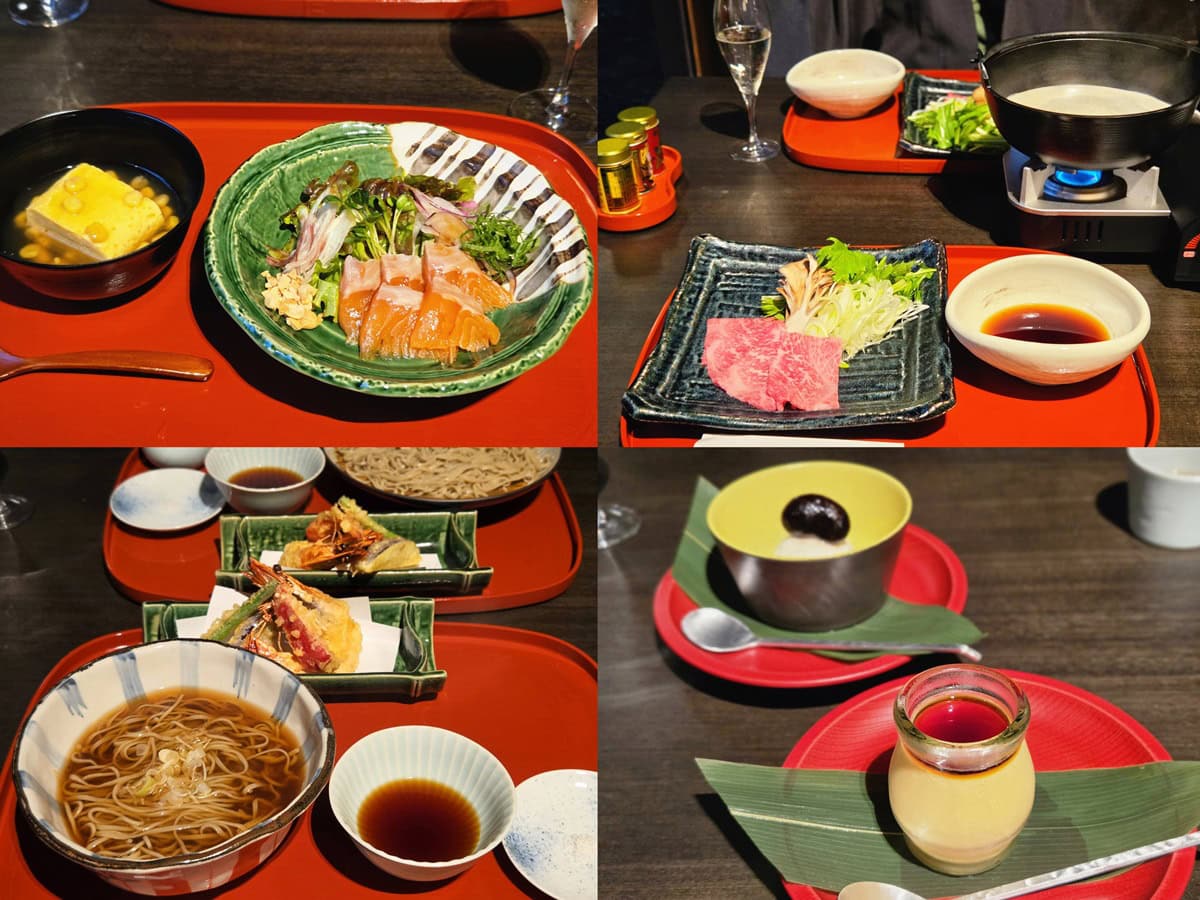 出し巻き卵、サーモンのお造り、肉料理に、天ぷら、蕎麦、甘味まで、満足のボリューム感。肉料理は2種から、甘味は3種から、好みでチョイス可能。