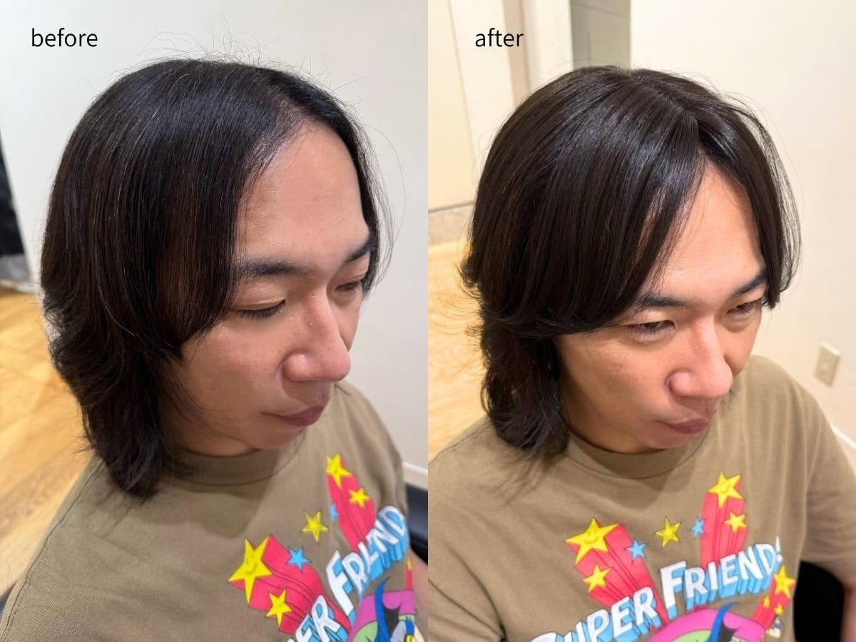 ペタっと貼ってコームでとかしたら気になる生え際が復活。思ってた以上に自然！
