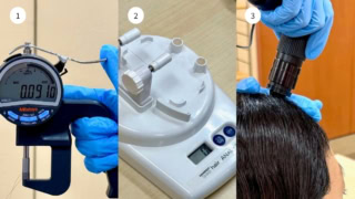 ①髪の太さ、縦横の直径(うねっていると縦横比が異なる)を図る機器。②髪の毛を引っ掛けて引っ張り、毛髪強度を図る機器。③頭皮もスコープでチェック! 頭頂部、サイド、後頭部…と細かく見ていきます。