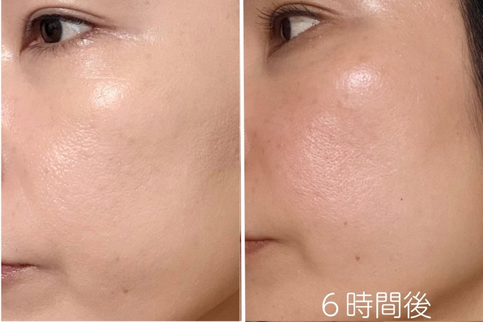 こっくりとした濃厚なテクスチャーだからこそ、時間が経った時のツヤの美しさが圧倒的。6時間経過しても毛穴の凹凸を綺麗にカバーし続けたまま、皮脂と馴染んでさらに肌のキメが整って見えます。「時間が経つほど美しくなる」を体感できる贅沢な仕上がりです。