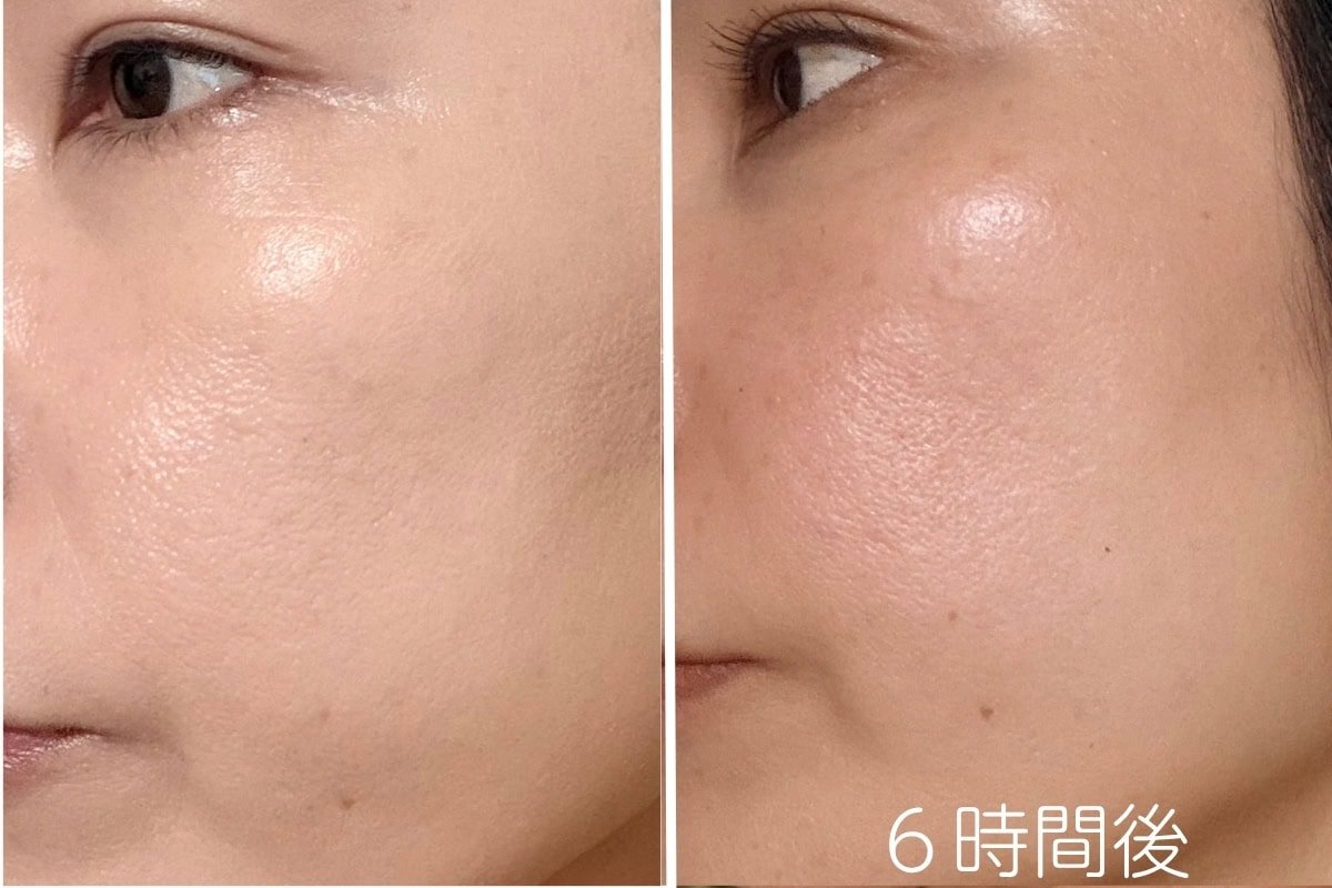 こっくりとした濃厚なテクスチャーだからこそ、時間が経った時のツヤの美しさが圧倒的。6時間経過しても毛穴の凹凸を綺麗にカバーし続けたまま、皮脂と馴染んでさらに肌のキメが整って見えます。「時間が経つほど美しくなる」を体感できる贅沢な仕上がりです。