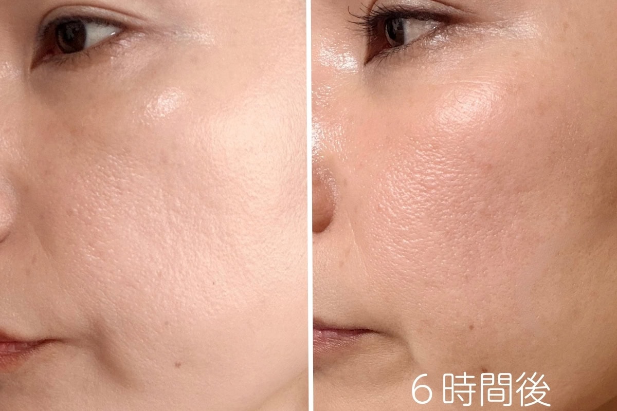 美容液のようなみずみずしさがピタッと密着し、塗り立てはキメの整った均一なツヤ肌に。6時間経過しても気になる毛穴落ちやくすみは一切見られず、自分の皮脂とナチュラルに馴染むことで、より透明感の際立つしっとりとした生ツヤ肌へと美しく持続します。