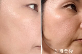 「高い密着力」と「時間が経過しても汚く崩れない、上質なツヤの持続力」がはっきりと見て取れます。6時間後は、完璧なカバーから「自然に肌に溶け込んだ、健康的で美しい素肌感」へと変化。長時間お直しができないシーンでも安心して使用できる優秀な仕上がりです。