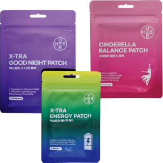 右：HEB PATCH CINDERELLA、左：同 X-TRA GOOD NIGHT PATCH、中央：同 X-TRA ENERGY PATCH（全て韓国で購入）※編集部私物