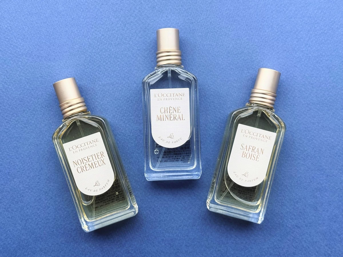 ロクシタンからは温かみと大人っぽさ、ちょっと色気のある香りが登場。ちょっと新鮮!右から サフラン ボワゼ オードパルファム 50mL ¥12.430、シェーヌ ミネラル オードパルファム 50mL ¥12.430、ノワスティエ クレムオードパルファム 50mL ¥12.430(ロクシタンジャポン)※全て10月28日数量限定発売