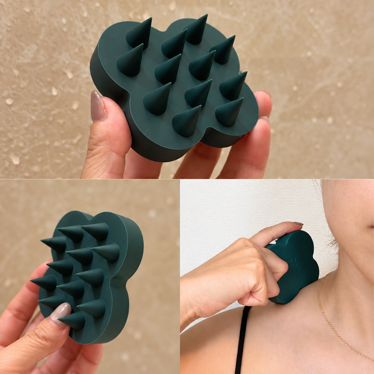 トゲトゲ面で頭皮をほぐすだけでなく、プロ直伝の裏技「ブラシのフチ」を使って首筋やエラ（咬筋）をピンポイント押し！イタ気持ちいい刺激でスッキリ感が違います。