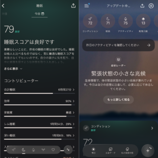 睡眠スコアやレム睡眠・深い睡眠の割合まで細かく分析。スコアが良くても「緊張状態の小さな兆候」まで察知してくれるので、自分では気づきにくい疲れもケアできます。
