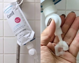 お風呂場で吊るしてサッと使える爆速保湿クリーム!体を拭く前の濡れた肌になじませるだけで「湯あがり乾燥」をブロックし、忙しい夜のボディケアを即完結させます。キュレル バスタイム モイストバリアクリーム フック・ノズル付きセット 310g ¥1,980(キュレル)