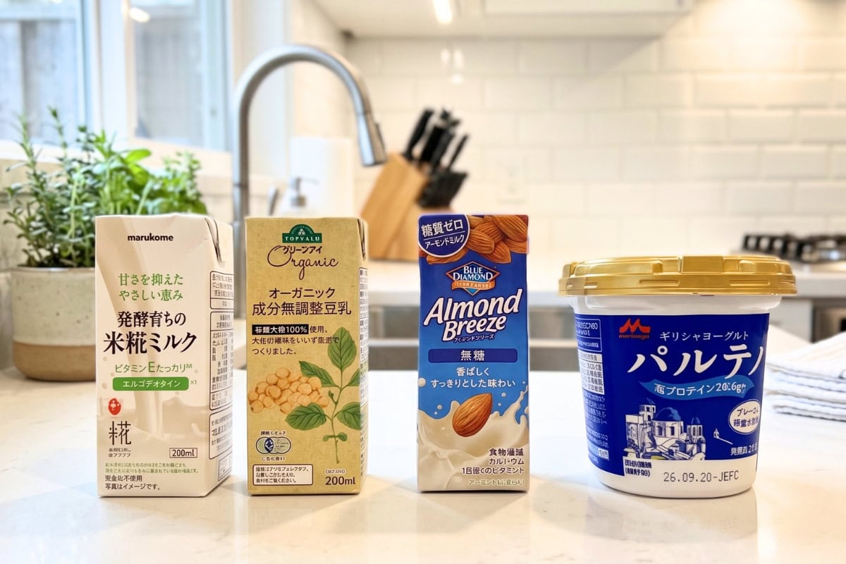 プロテインを水ではなく割材で溶かすと、風味や満足感が格段にアップします。無糖のアーモンドミルクでビタミンEや食物繊維を補うほか、優しい甘みの米糀ミルクや成分無調整豆乳もおすすめ。ギリシャヨーグルトをプラスすれば腹持ちが一段と高まり、一食置き換えに最適です。