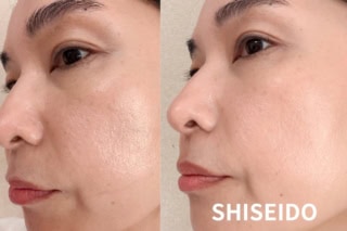 左:指でファンデーションを塗った状態。どうしてもムラになりやすく、毛穴落ちや厚塗り感が気になることも… 右:ブラシを使用。ブラシで磨き上げることで、驚くほど均一な薄膜肌に!毛穴もつるんとカバーされて、内側から発光するような上品なツヤが生まれます。